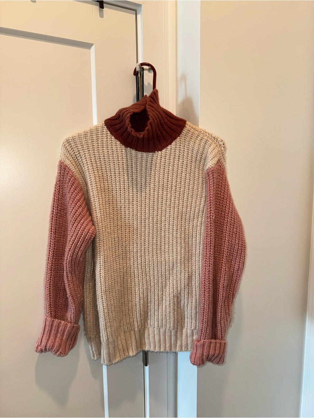 Marine Layer Colorblock Turtleneck Sweater - Cream, Dusty Pink & Burgundy
